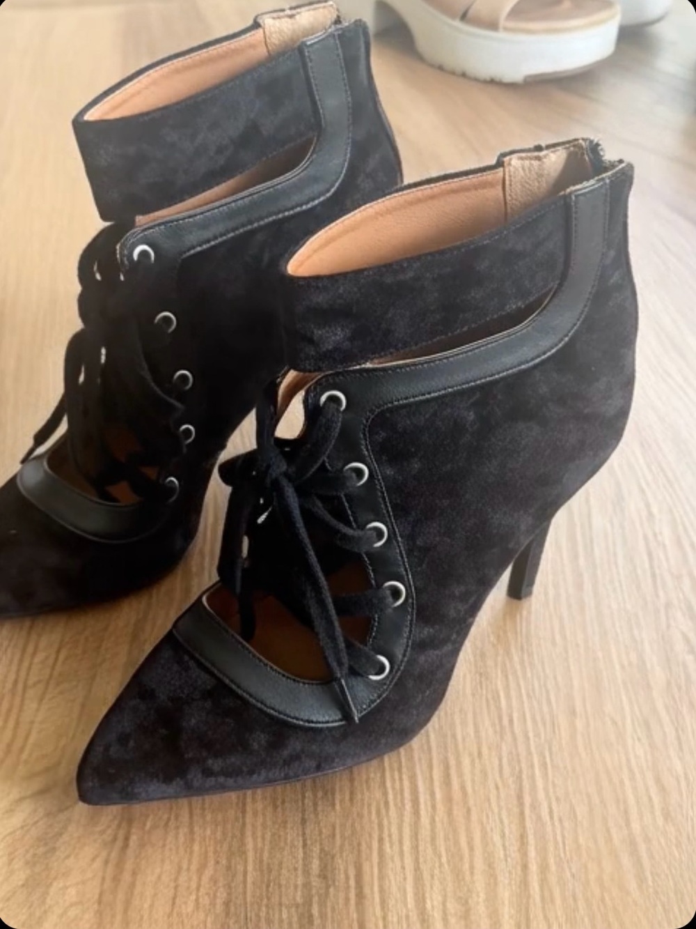 INC International Concepts Black Suede Lace-Up Cutout Ankle Heels